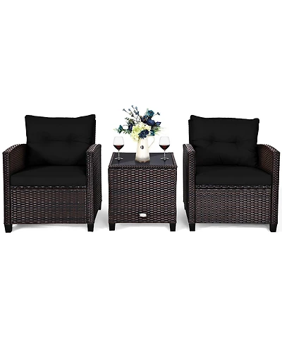 3PCS Patio Rattan Furniture Set Cushioned Sofa Coffee Table Garden