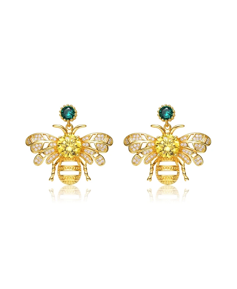 Sterling Silver 14K Gold Plated Yellow Cubic Zirconia Bee Stud Butterfly Earrings