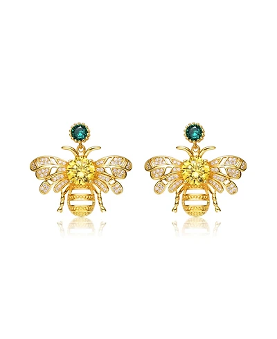 Sterling Silver 14K Gold Plated Yellow Cubic Zirconia Bee Stud Butterfly Earrings