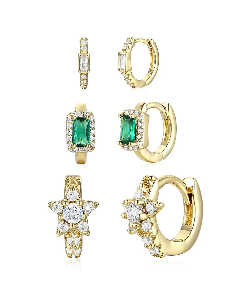 Genevive Extra Mini Sterling Silver 14k Gold Plated with Green & Cubic Zirconia Halo Star 3-Piece Hoop Earrings Set