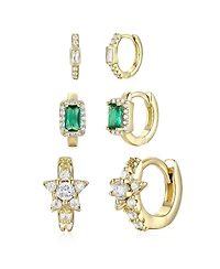 Genevive Extra Mini Sterling Silver 14k Gold Plated with Green & Cubic Zirconia Halo Star 3-Piece Hoop Earrings Set