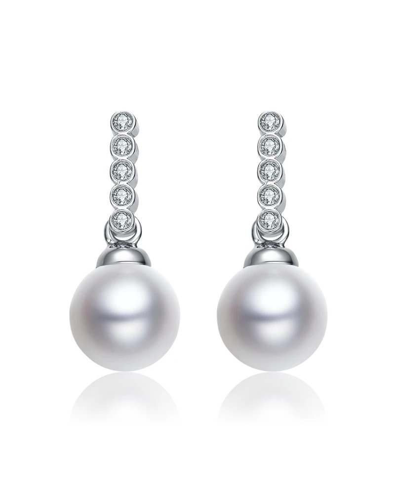 Sterling Silver with White Gold Plated White Round Pearl with Clear Round Cubic Zirconia Drop Earrings