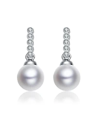 Sterling Silver with White Gold Plated White Round Pearl with Clear Round Cubic Zirconia Drop Earrings