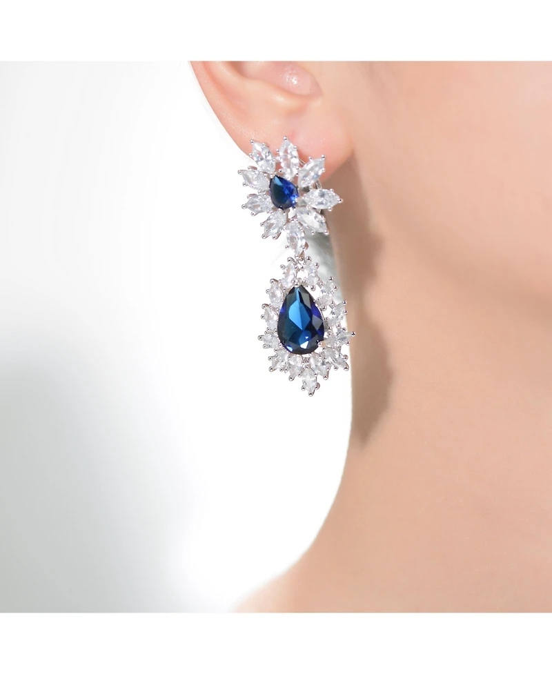 Sterling Silver White Gold Plated with Clear, Green, Blue, or Light Blue Cubic Zirconia Drop Earrings
