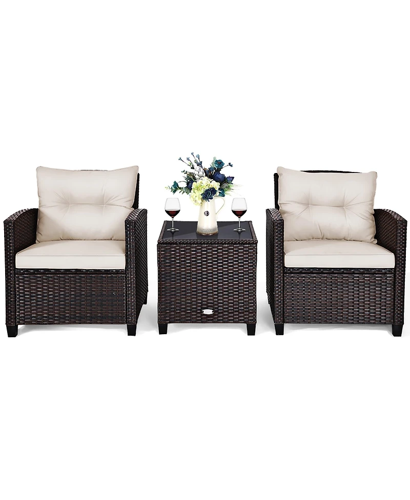 3PCS Patio Rattan Furniture Set Cushioned Sofa Coffee Table Garden