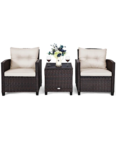 3PCS Patio Rattan Furniture Set Cushioned Sofa Coffee Table Garden
