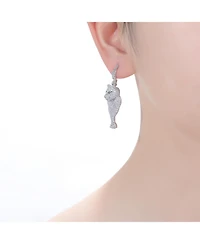 White Gold Plated with Green Eyes & Cubic Zirconia Panther Dangle Earrings in Sterling SIlver