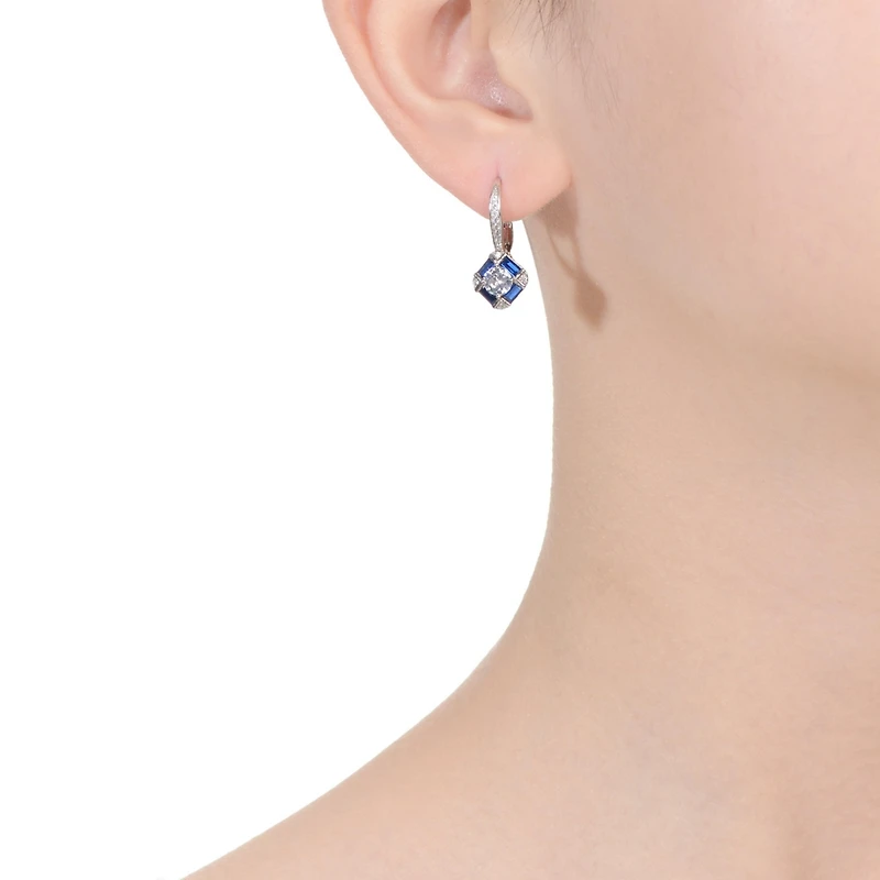 Genevive Sterling Silver White Gold Plated and Blue Cubic Zirconia Leverback Earrings