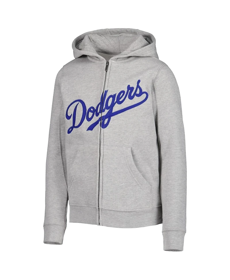 Big Boys Heather Gray Los Angeles Dodgers Wordmark Full-Zip Fleece Hoodie