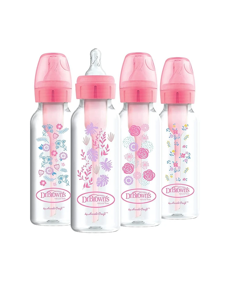 Dr. Browns Baby Anti-Colic Options+ Narrow Baby Bottles 8oz, 4 Pack, Pink Flowers