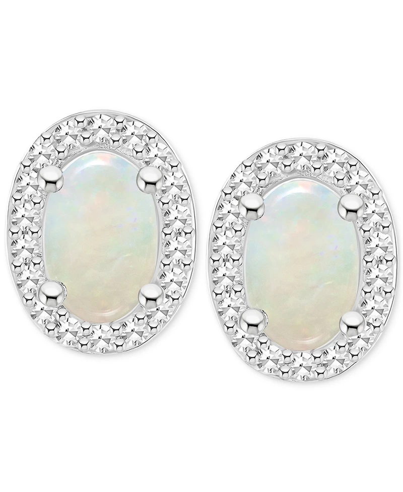 Aquamarine (3/4 ct. t.w.) & Diamond (1/6 ct. t.w.) Oval Halo Stud Earrings in Sterling Silver (Also in Opal)