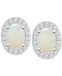 Aquamarine (3/4 ct. t.w.) & Diamond (1/6 ct. t.w.) Oval Halo Stud Earrings in Sterling Silver (Also in Opal)