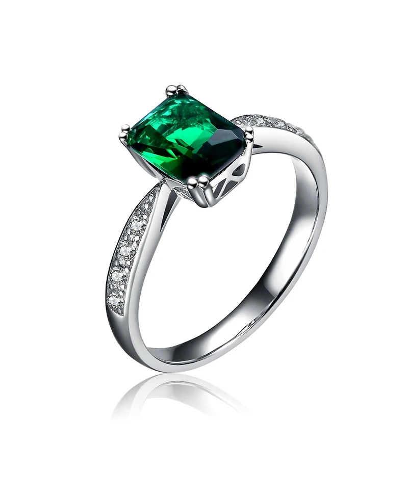 Sterling Silver White Gold Plated Green Cubic Zirconia Eternity Rectangle Band Ring