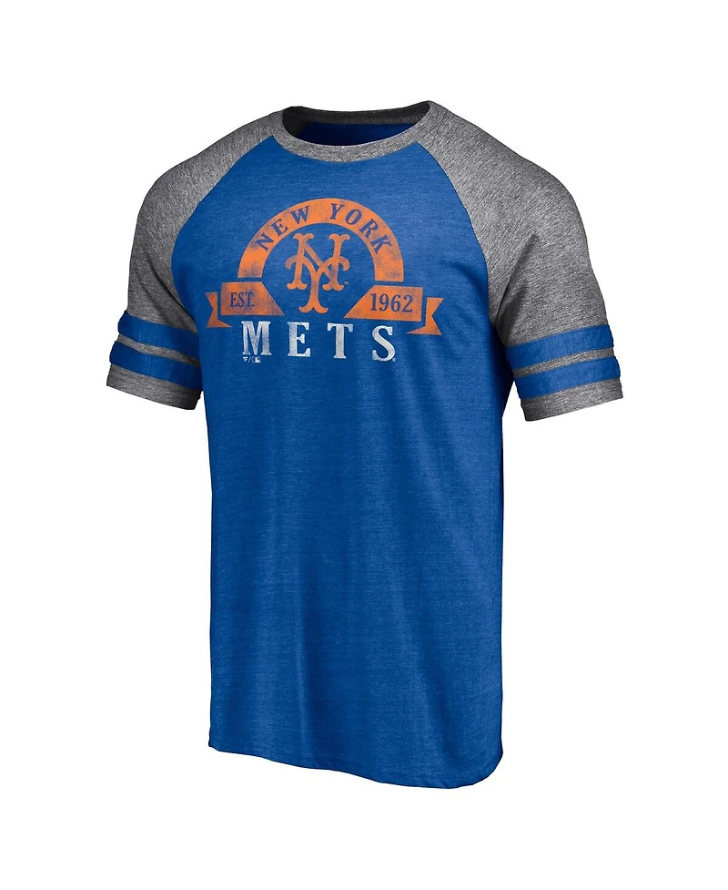 Men's Fanatics Heather Royal New York Mets Utility Two-Stripe Raglan Tri-Blend T-shirt