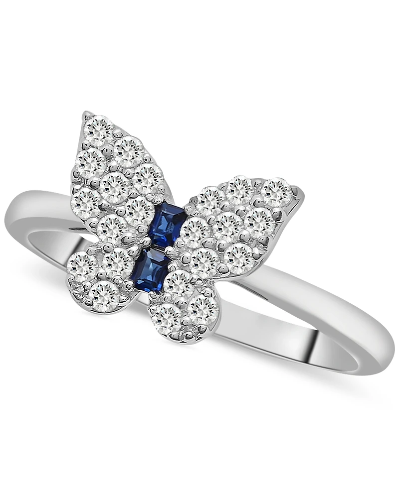 3-Pc. Set Lab-grown White Sapphire (2-1/5 ct. t.w.) & Lab-grown Blue Sapphire (1/4 ct. t.w.) Butterfly Pendant Necklace, Stud Earrings, and Ring in St