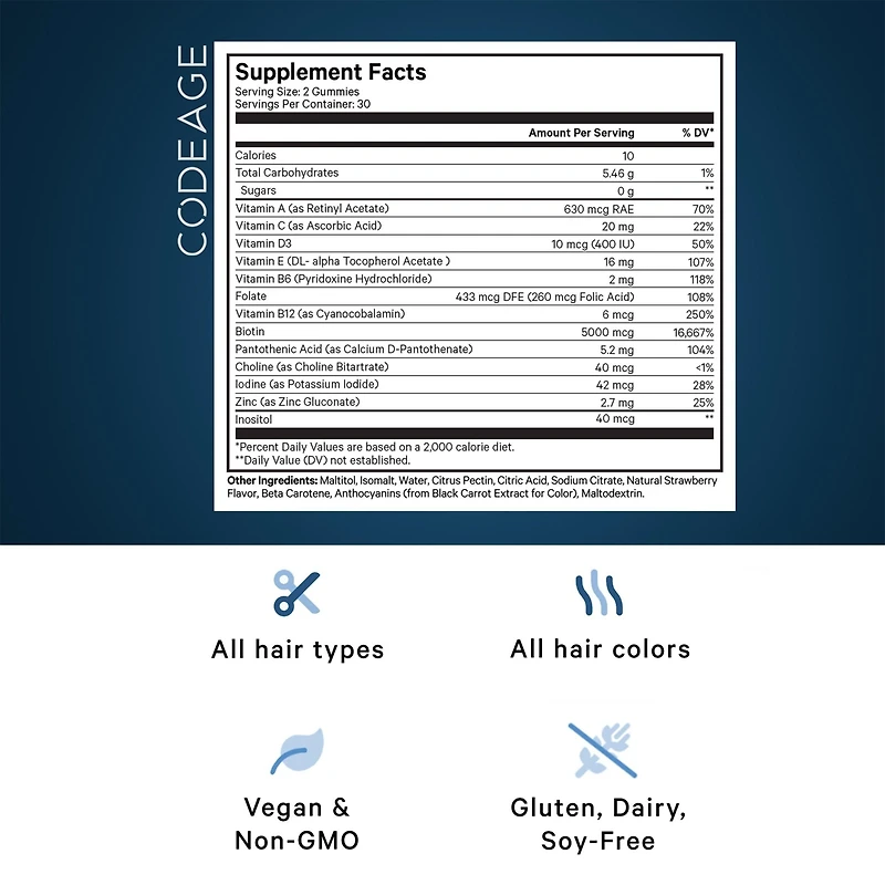 Codeage Hair Gummies, Biotin 5000 mcg, Sugar Free Growth Gummy Vitamins A, C, B6, B12, D3, Zinc, Inositol Supplement, Women & Men, Pantothenic Folic A