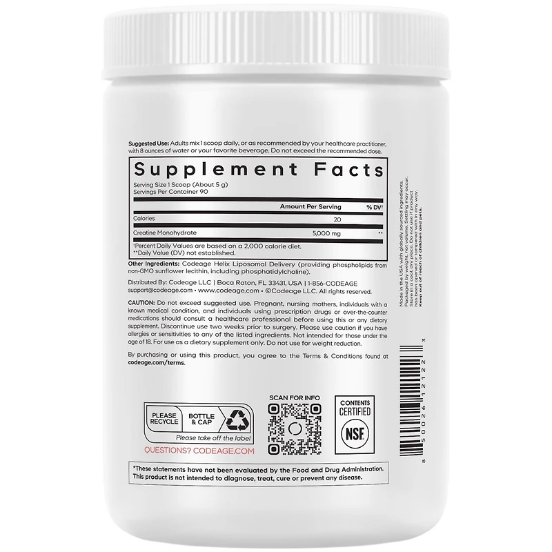 Codeage Liposomal Creatine Powder Supplement - 3-Month Supply - 5000mg Creatine Monohydrate Pre Workout & Post Workouts