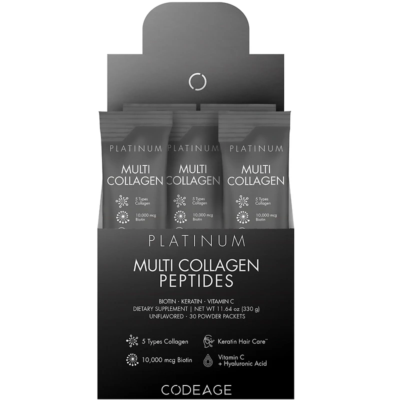Codeage Multi Collagen and Biotin 10,000 mcg + Vitamin C, B6 & D3, Keratin, Hyaluronic Acid, Niacin, 18 Amino Acids - Stick Packs Supplement
