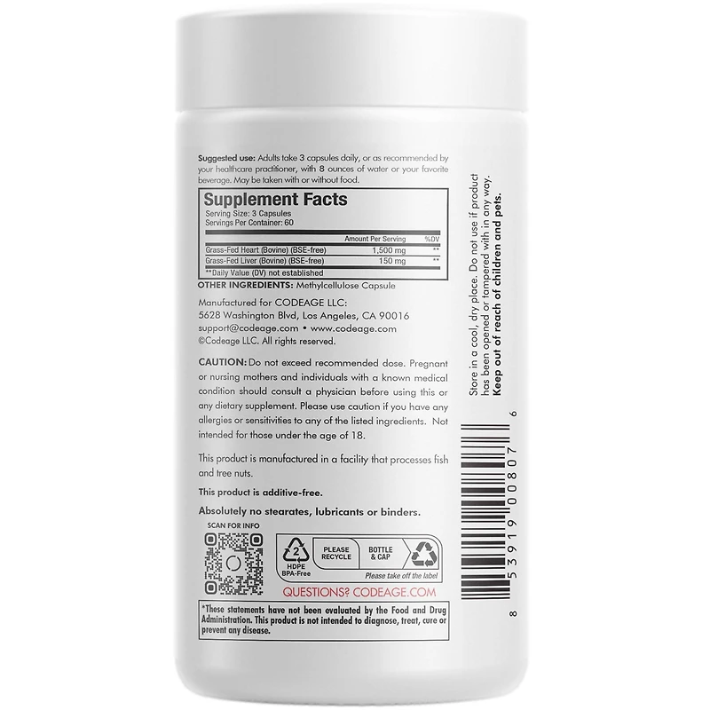 Codeage Grass Fed Beef Heart Supplement - Freeze Dried, Non-Defatted, Desiccated Beef Heart Glandular Supplements - Bovine Meat & Liver Pills