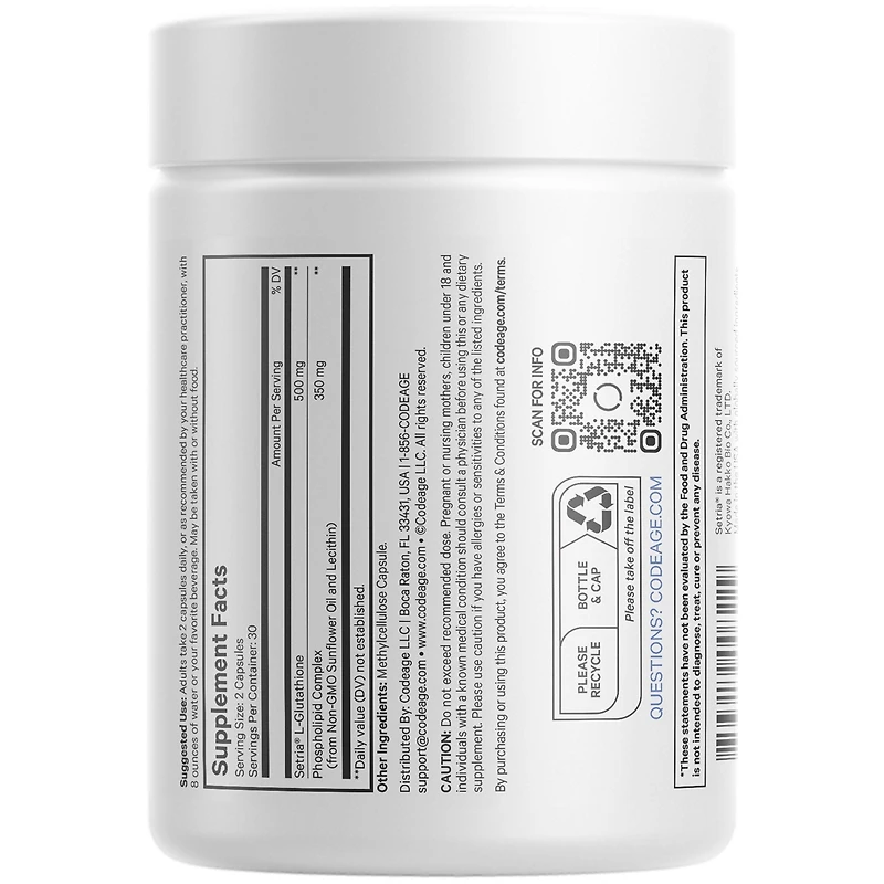 Codeage Liposomal Glutathione Supplement - Pure Reduced Setria L-Glutathione, Liposomal Delivery, Phospholipid Complex
