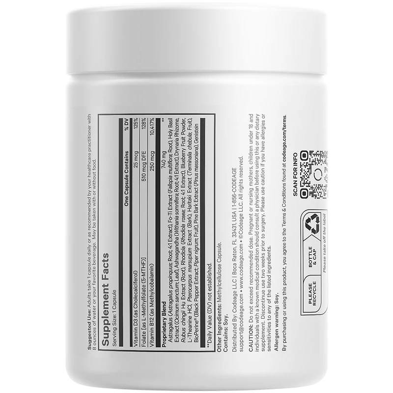 Codeage Ultra Life Telomeres Supplement - 5 Mthf Folate Vitamin B9, Vitamin B12 Methylcobalamin, Vitamin D3, L-Theanine, Ashwagandha