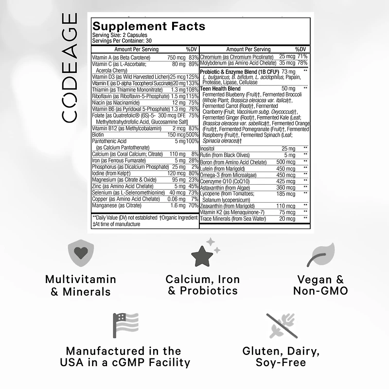 Codeage Teen s Daily Multivitamin Supplement, 25+ Vitamins & Minerals for Teenage Boys & Girls, Organic Whole Foods Vitamins for Teenagers, Vitamin A,