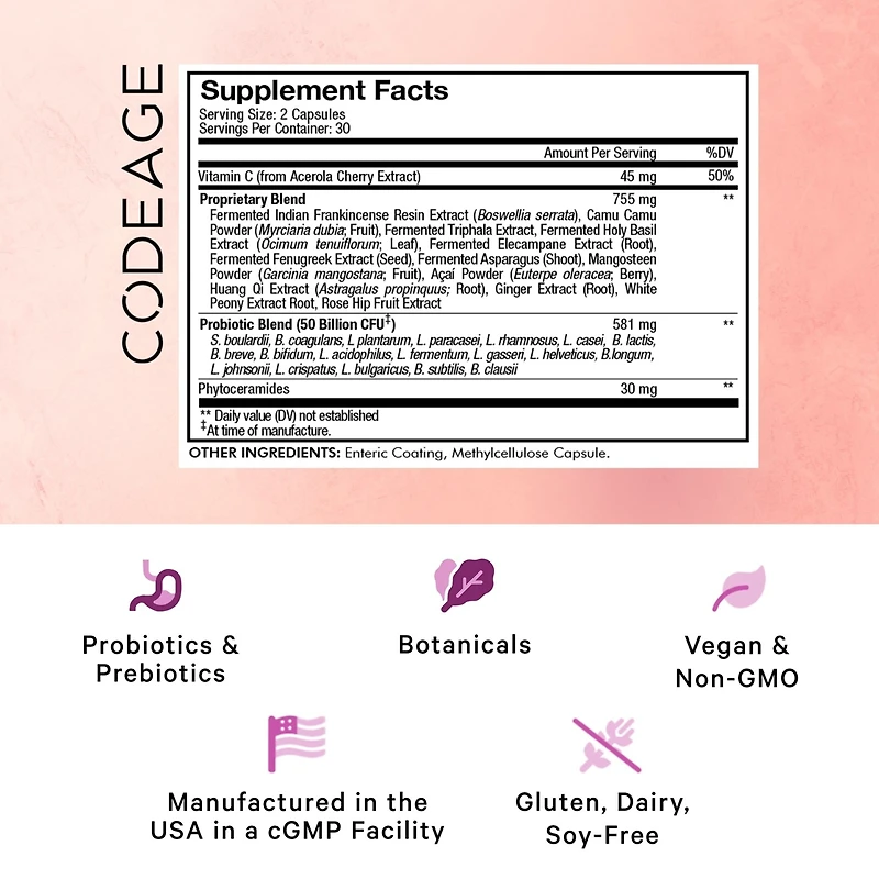 Codeage Skin Probiotics + Prebiotics - Skin Care Routine Supplement - 50 Billion Cfu - Ayurvedic Botanical Herbs - Face Probiotics