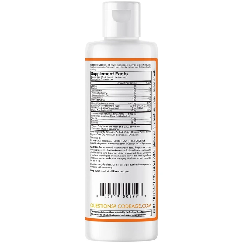 Codeage Liquid Vitamin C 1000mg, Vitamins D3, E & Zinc, Rose Hips, Quercetin, Echinacea, Liposomal Vitamin C Supplement, Non-gmo - 16 fl oz