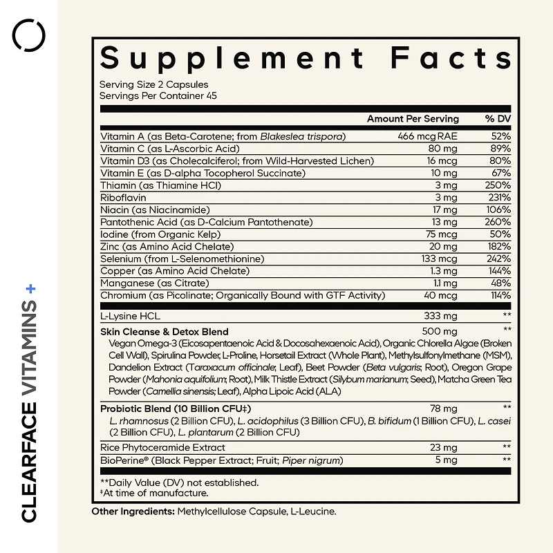 Codeage Clearface Pantothenic Acid, Niacin Supplement, Vitamins A, C, D3, E, Probiotics, Zinc, Riboflavin, Thiamin, L-Lysine Hcl & Omega-3, Niacinamid