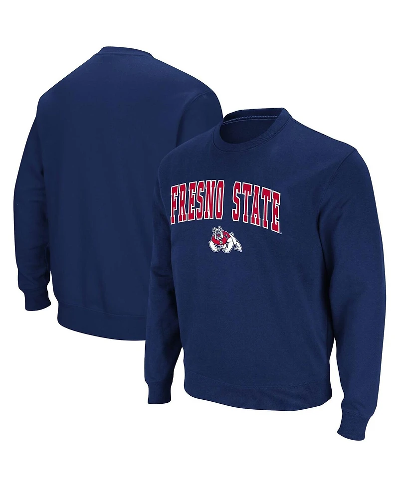 Men's Colosseum Navy Fresno State Bulldogs Arch and Logo Tackle Twill Pullover Sweatshirt