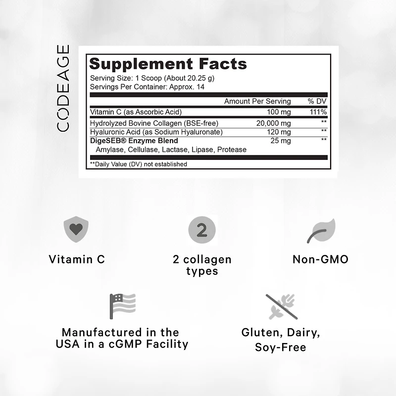Codeage Collagen Peptides Powder + Vitamin C - 20g Grass-Fed Collagen Per Serving - Digestive Enzymes, Hyaluronic Acid, 18 Amino Acids