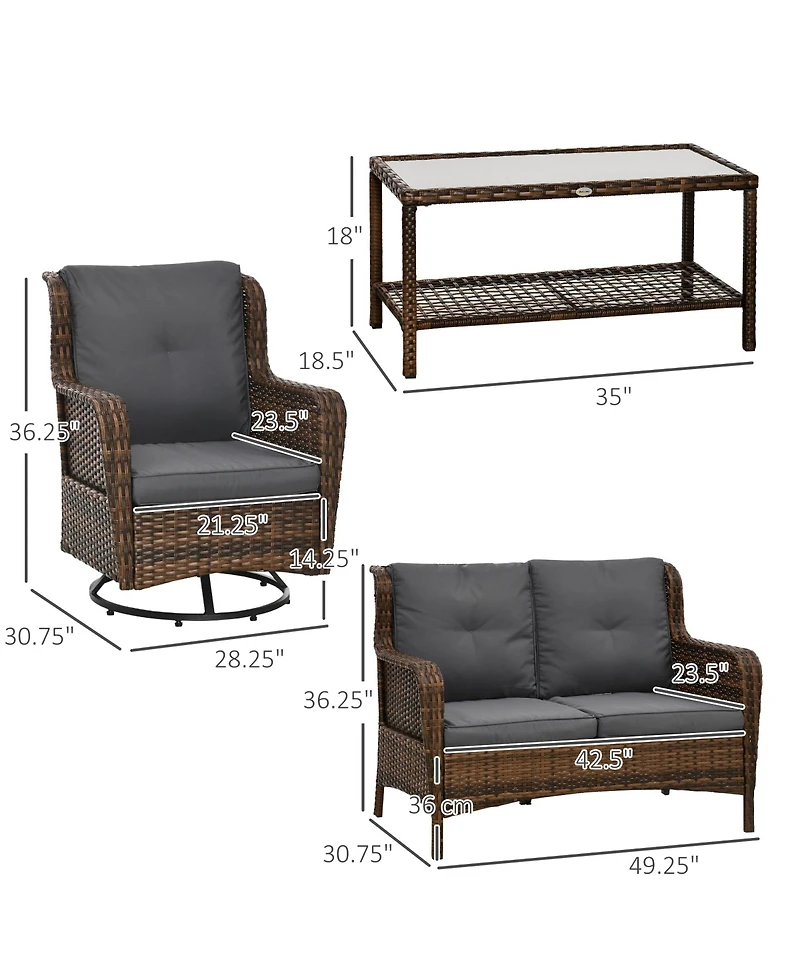 Outsunny 4 Piece Pe Wicker Patio Furniture Set, Conversation Set with 2 360° Swivel Rocking Armchairs, 1 Loveseat Sofa, Thick Cushions and Glass