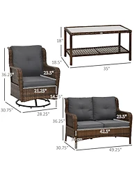Outsunny 4 Piece Pe Wicker Patio Furniture Set, Conversation Set with 2 360° Swivel Rocking Armchairs, 1 Loveseat Sofa, Thick Cushions and Glass
