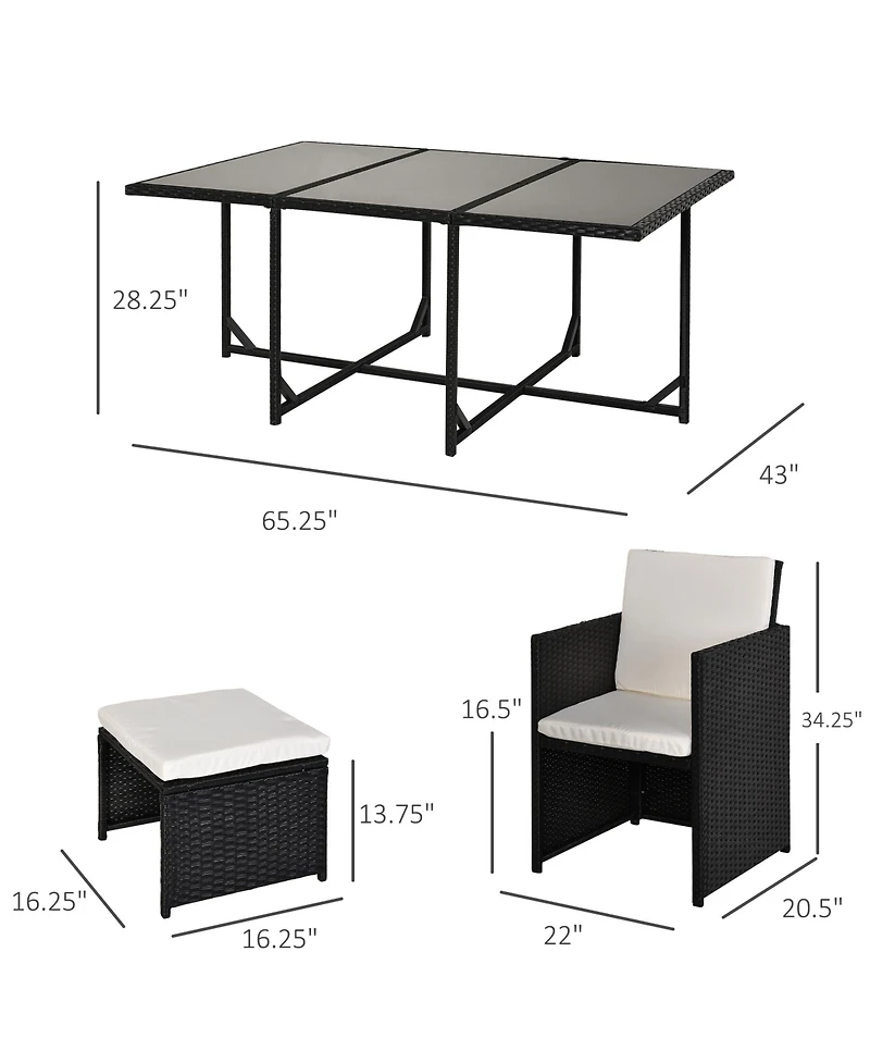 Outsunny 11 Pieces Patio Wicker Dining Sets, Space Saving Outdoor Sectional Conversation Set, with Dining Table, Ottoman and Chair & Cushioned for Law