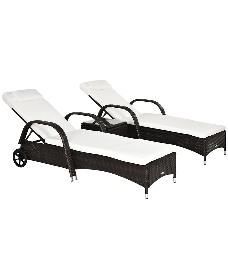 Outsunny 3 Piece Outdoor Furniture Set, 2 Reclining Chaise Lounge Chairs, Rolling Wheels, Armrests, Headrests, Thickly Cushioned, 1 Side Table, Pe Pla