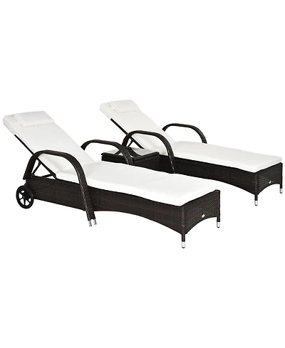 Outsunny 3 Piece Outdoor Furniture Set, 2 Reclining Chaise Lounge Chairs, Rolling Wheels, Armrests, Headrests, Thickly Cushioned, 1 Side Table, Pe Pla