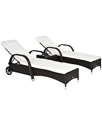 Outsunny 3 Piece Outdoor Furniture Set, 2 Reclining Chaise Lounge Chairs, Rolling Wheels, Armrests, Headrests, Thickly Cushioned, 1 Side Table, Pe Pla