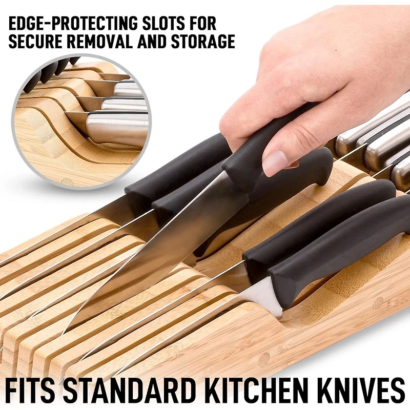 Zulay Kitchen Bamboo Knife Drawer Organizer Insert - Edge-Protecting Knife Organizer Block Holds Up To 11 Knives