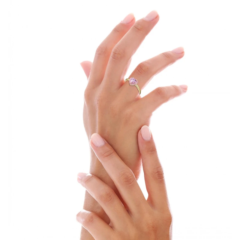 GiGiGirl Teens 14k Gold Plated with Pink Cubic Zirconia & Enamel Halo Heart Stacking Ring