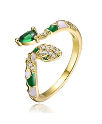 Ra 14k Yellow Gold Plated with Green & Cubic Zirconia Coiled Snake Serpent Open Bypass Cuff Ring