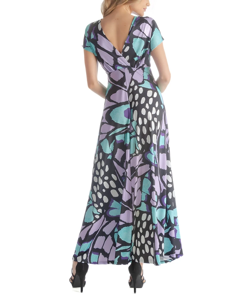 24seven Comfort Apparel Women's V-neck Cap Sleeved Empire Waist Maxi Dress