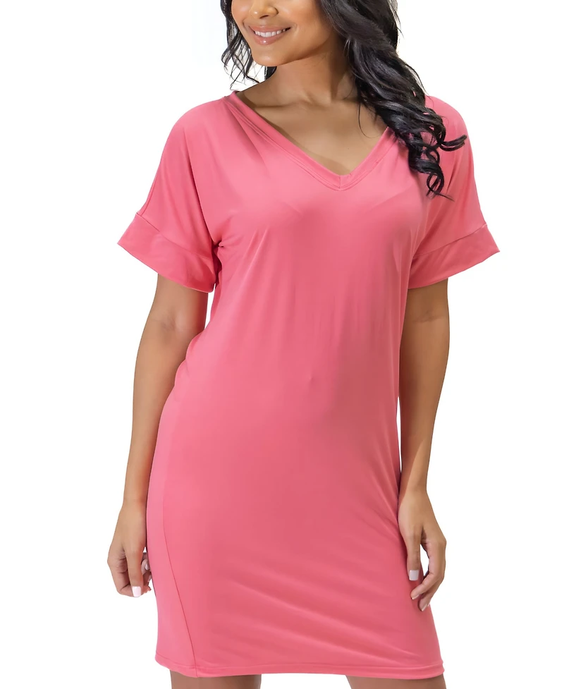 24seven Comfort Apparel Solid Color Loose Fit V Neck T Shirt Style Women's Knee Length Dress