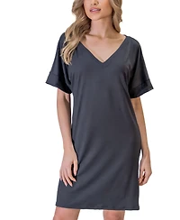 24seven Comfort Apparel Solid Color Loose Fit V Neck T Shirt Style Women's Knee Length Dress