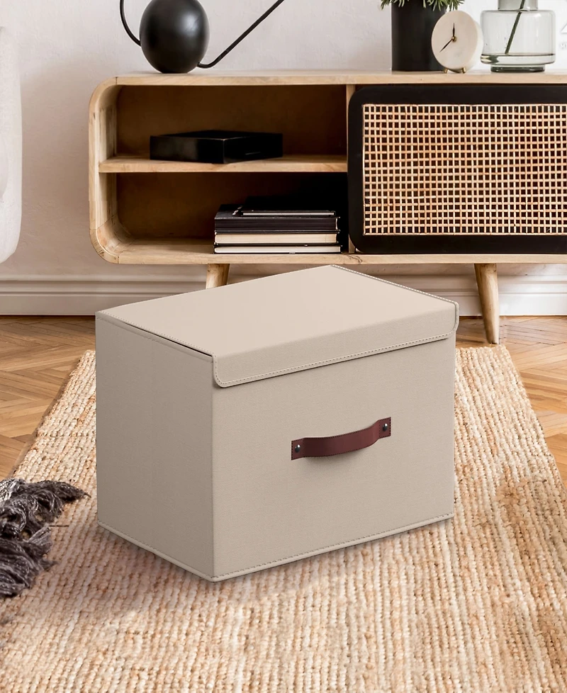 Ornavo Home Pack Foldable Linen Storage Bin with Faux Leather Handles and Lid