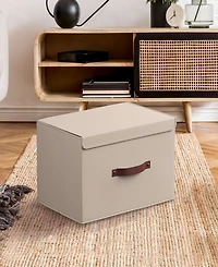Ornavo Home Pack Foldable Linen Storage Bin with Faux Leather Handles and Lid