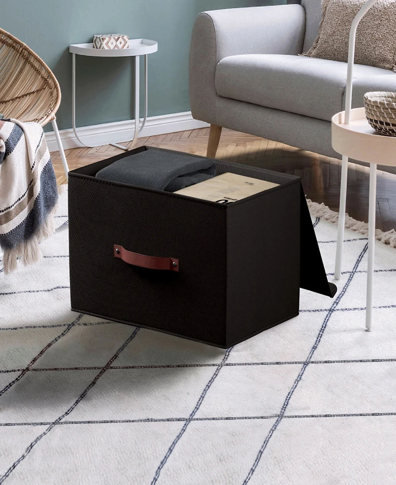 Ornavo Home Pack Foldable Linen Storage Bin with Faux Leather Handles and Lid