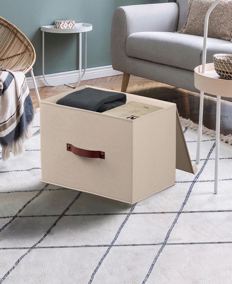 Ornavo Home Pack Foldable Linen Storage Bin with Faux Leather Handles and Lid