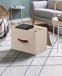 Ornavo Home Pack Foldable Linen Storage Bin with Faux Leather Handles and Lid