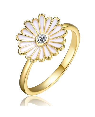 Ra Young Adults/Teens 14k Yellow Gold Plated with Cubic Zirconia White Enamel Daisy Flower Ring