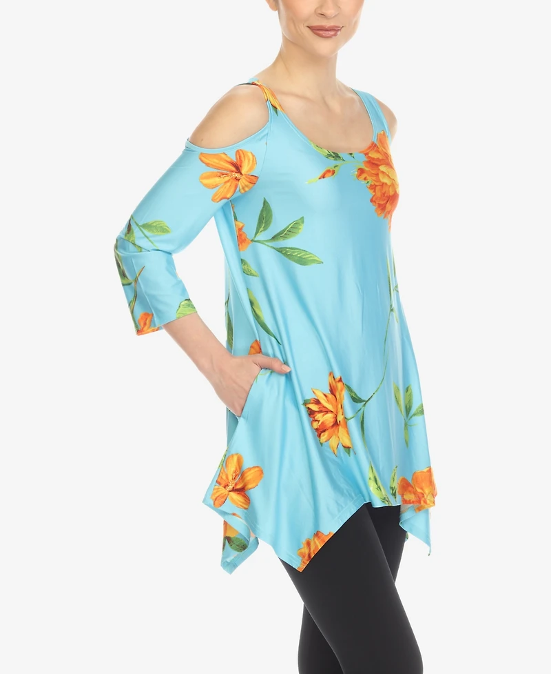 White Mark Women's Floral Printed Cold Shoulder Tunic Top
